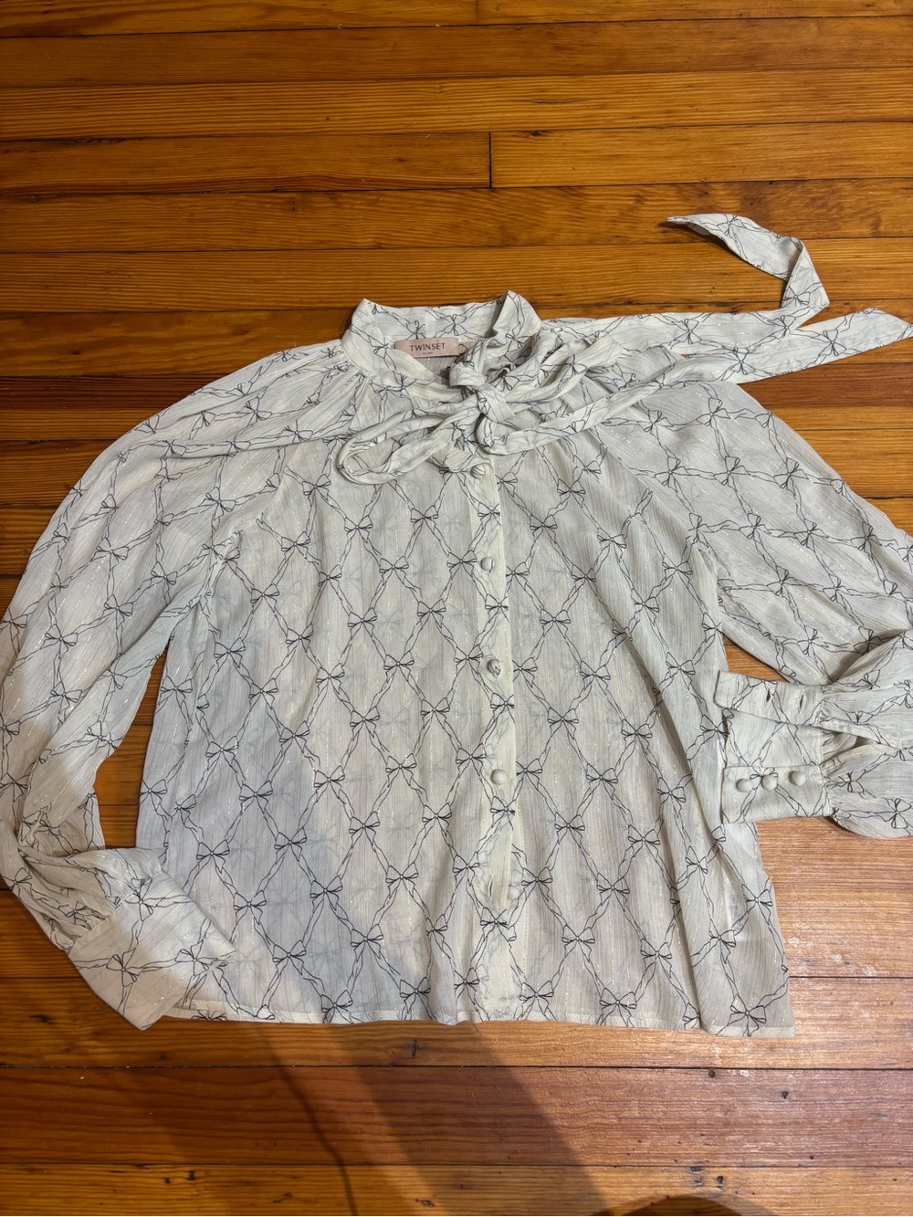Twin-Set Cream White Printed Tie-Neck Blouse